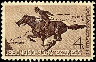 Commerative postage stamp showing a Pony Express rider with a mochila